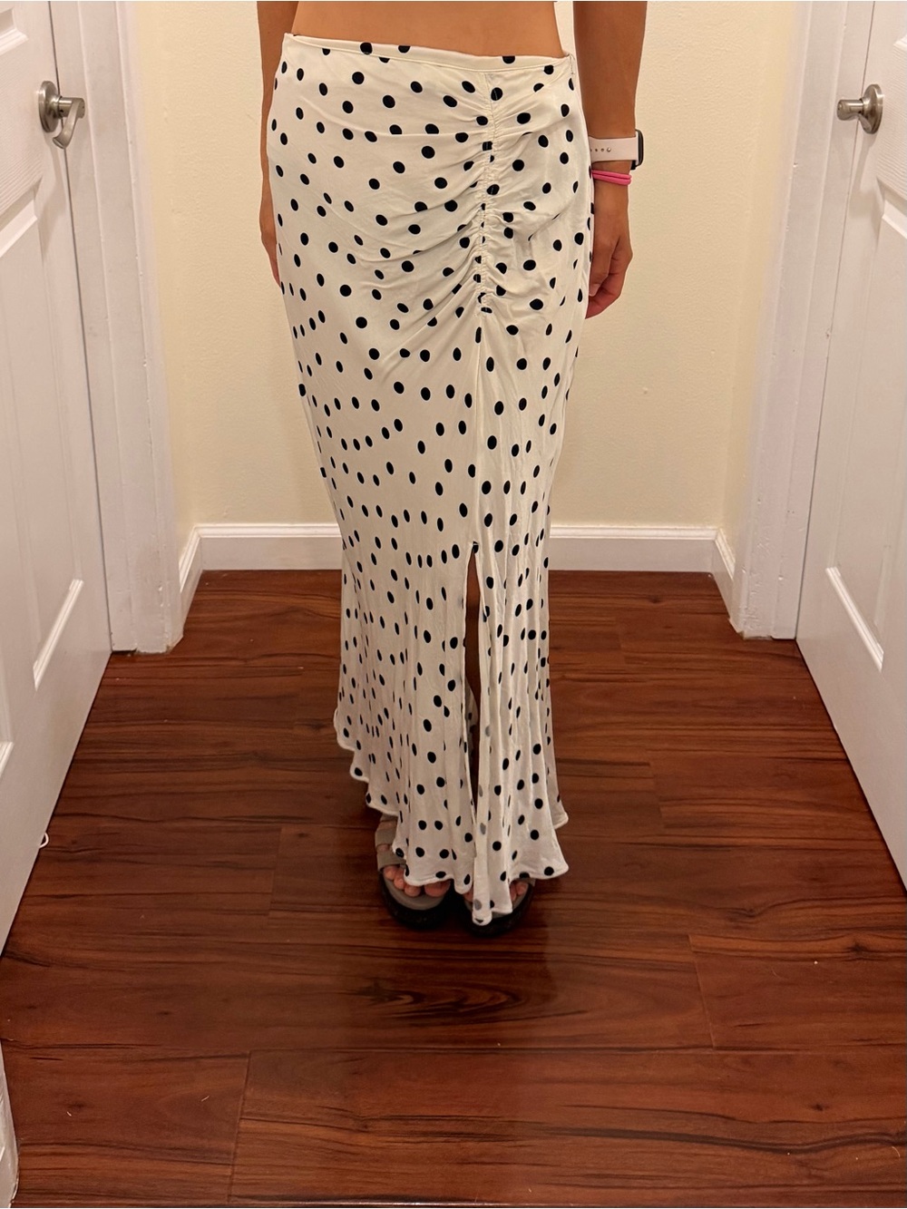 Polka Dot Ruched Front Maxi Skirt in White and Black